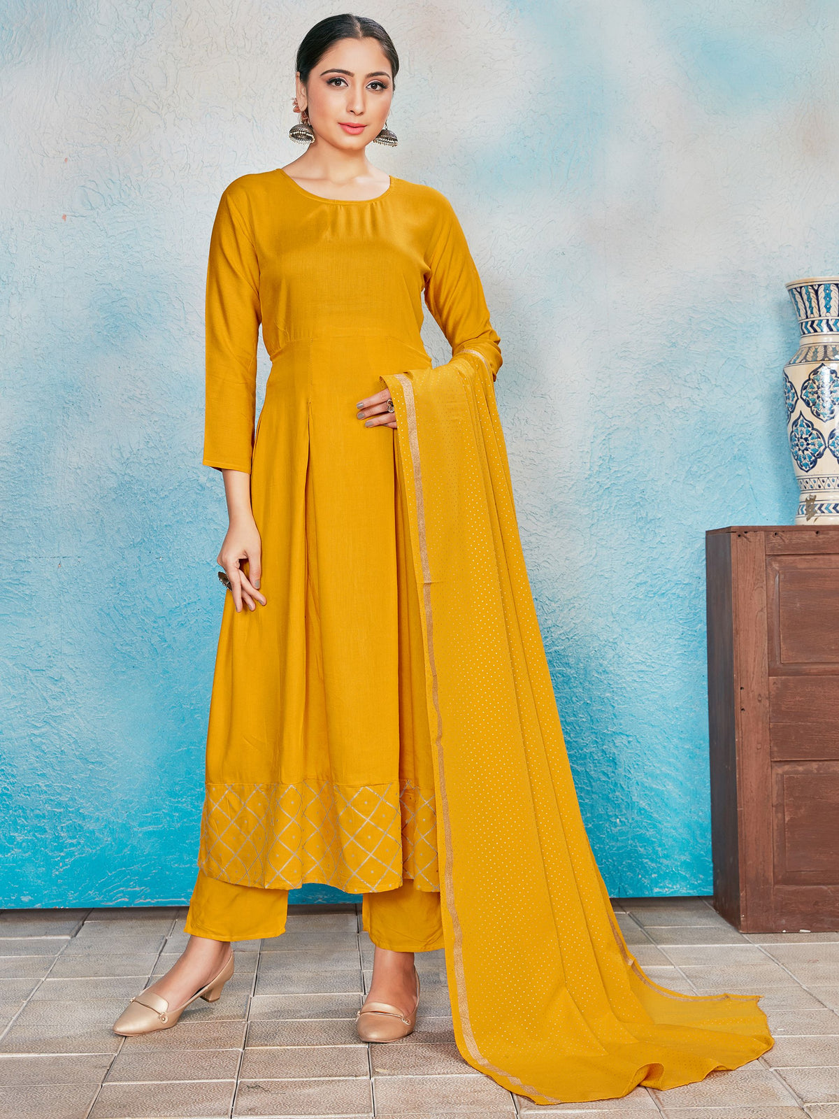 Kurta Set Yellow Color Rayon Foil Print Dress For Ceremonial