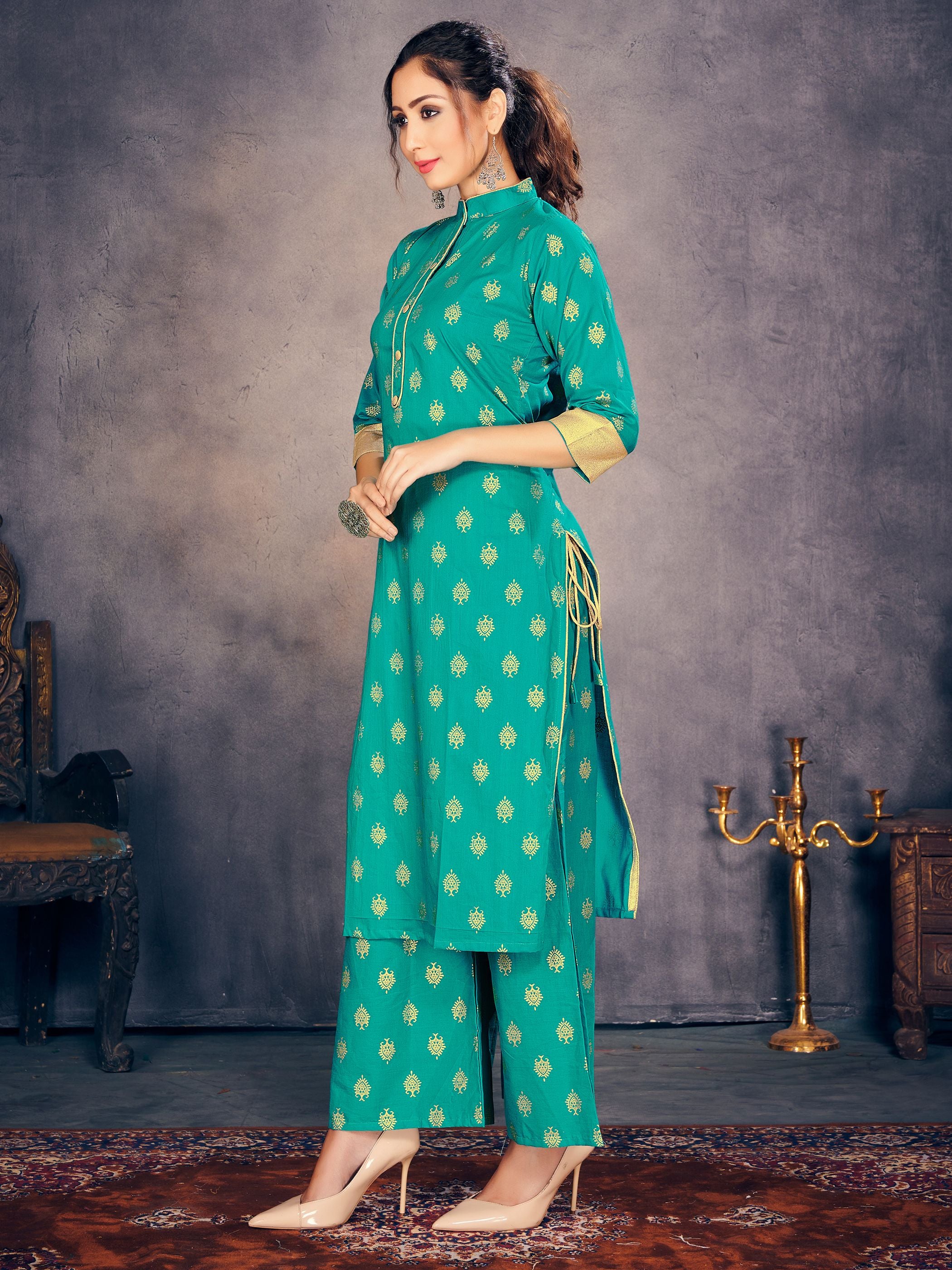 Party Wear Kurti Teal Color Rayon Foil Print Dress For Party