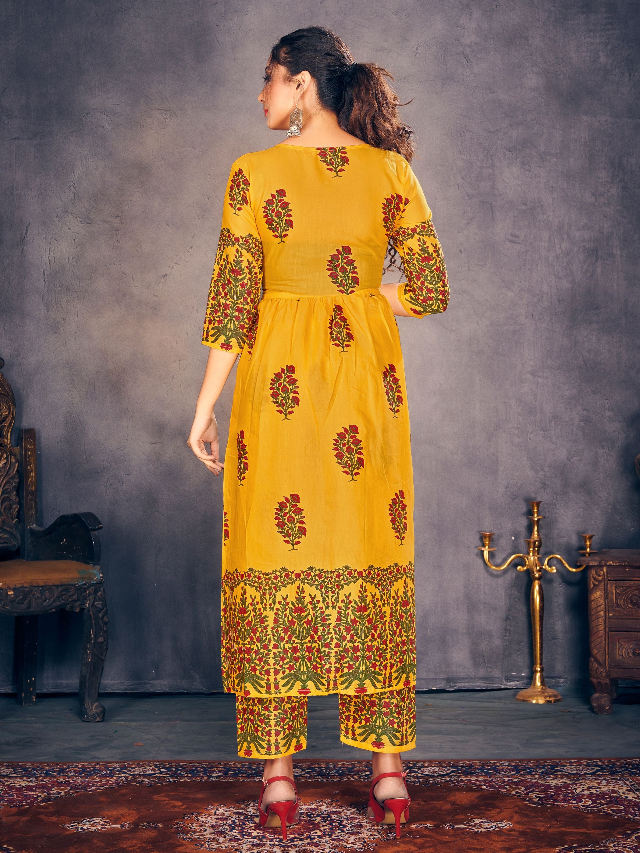 Party Wear Kurti Yellow Color Rayon Block Print Dress For Party