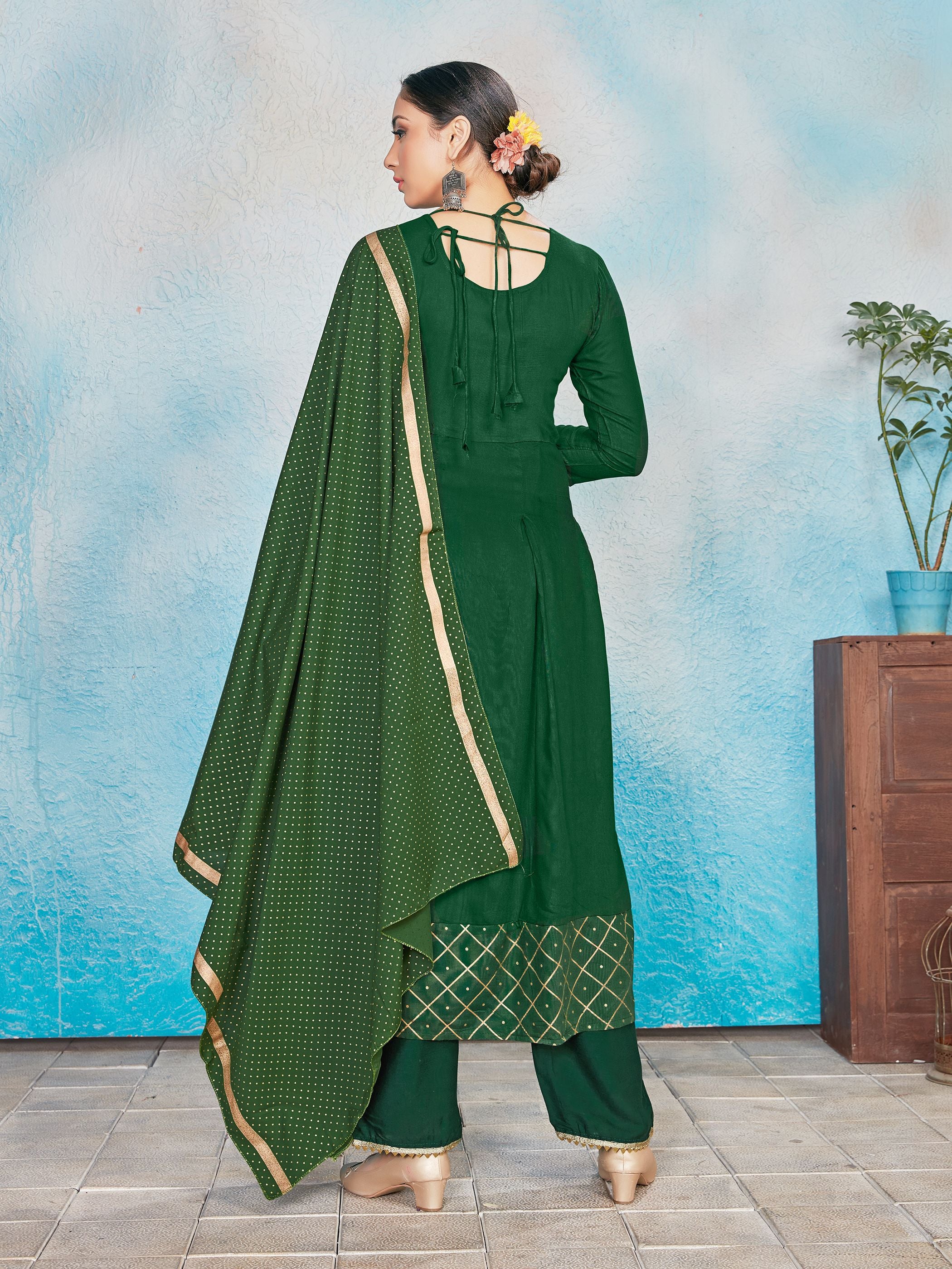 Kurta Set Green Color Rayon Foil Print Dress For Ceremonial