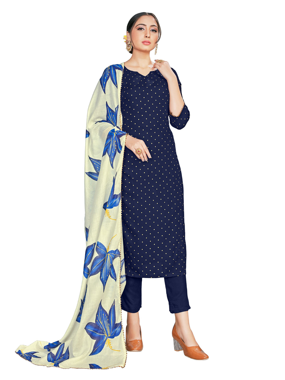 Kurta Set Navy Blue Color Rayon Foil Print Dress For Ceremonial