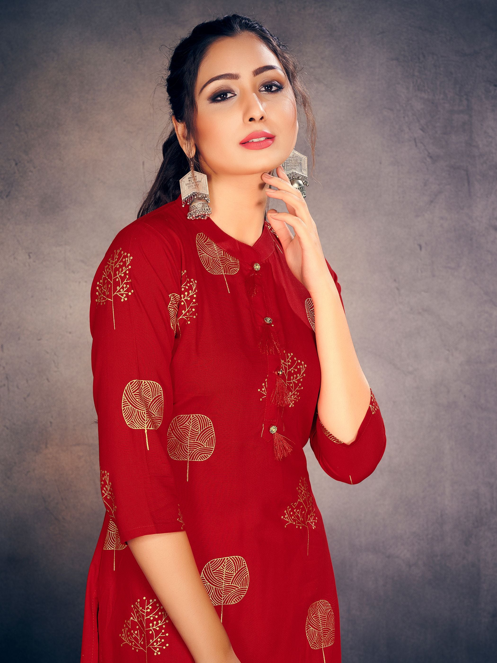 Party Wear Kurti Red Color Rayon Foil Print Dress For Party