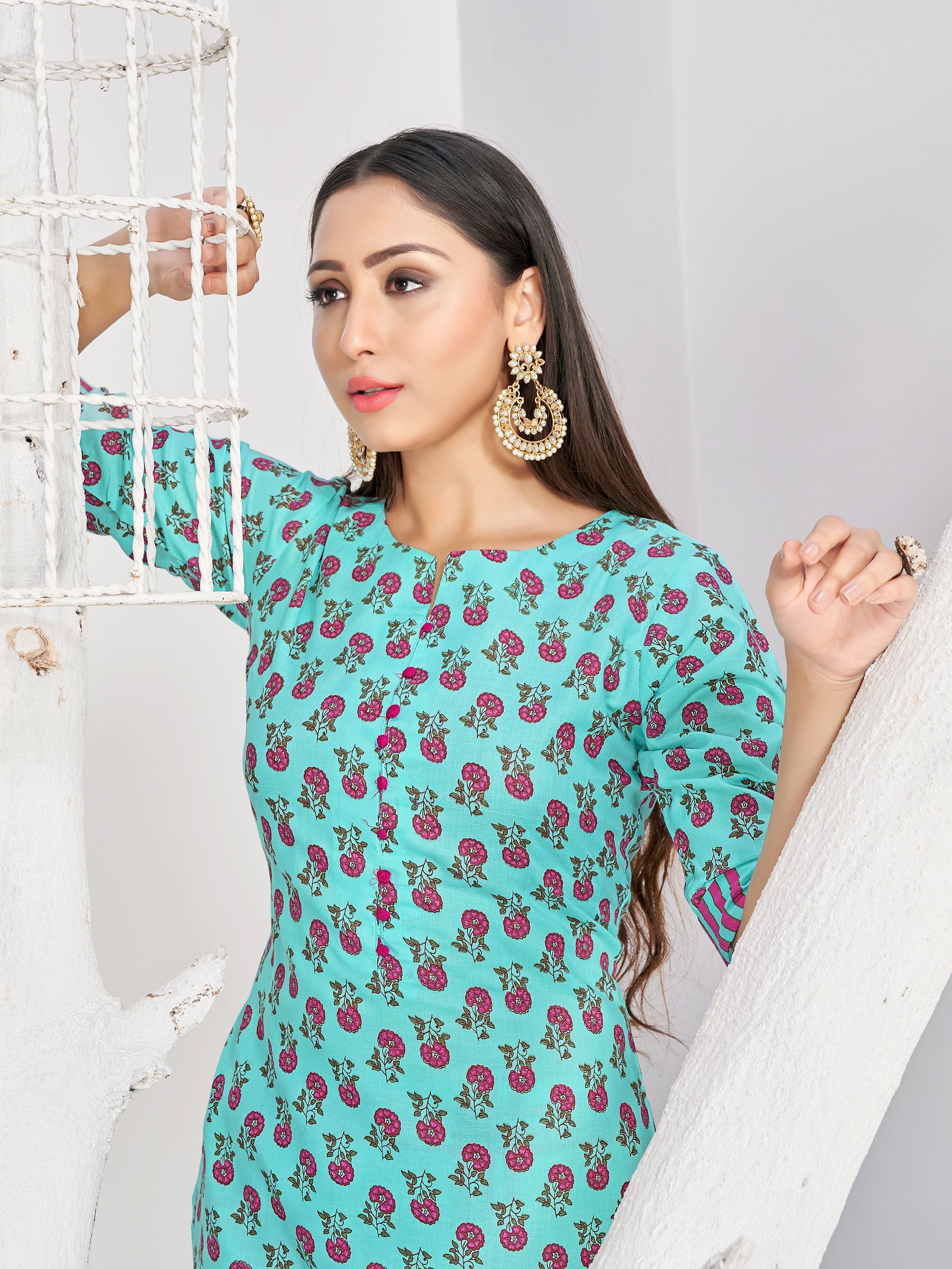 Party Wear Kurti Turquoise Color Rayon Block Print Dress For Party