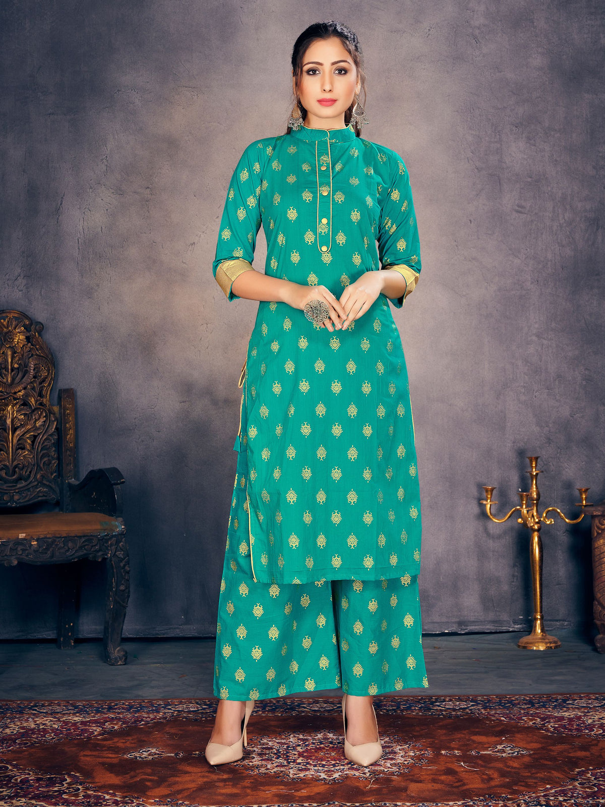 Party Wear Kurti Teal Color Rayon Foil Print Dress For Party