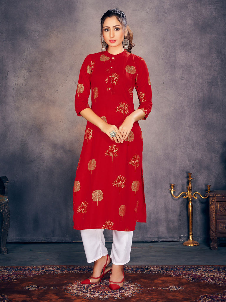 Party Wear Kurti Red Color Rayon Foil Print Dress For Party