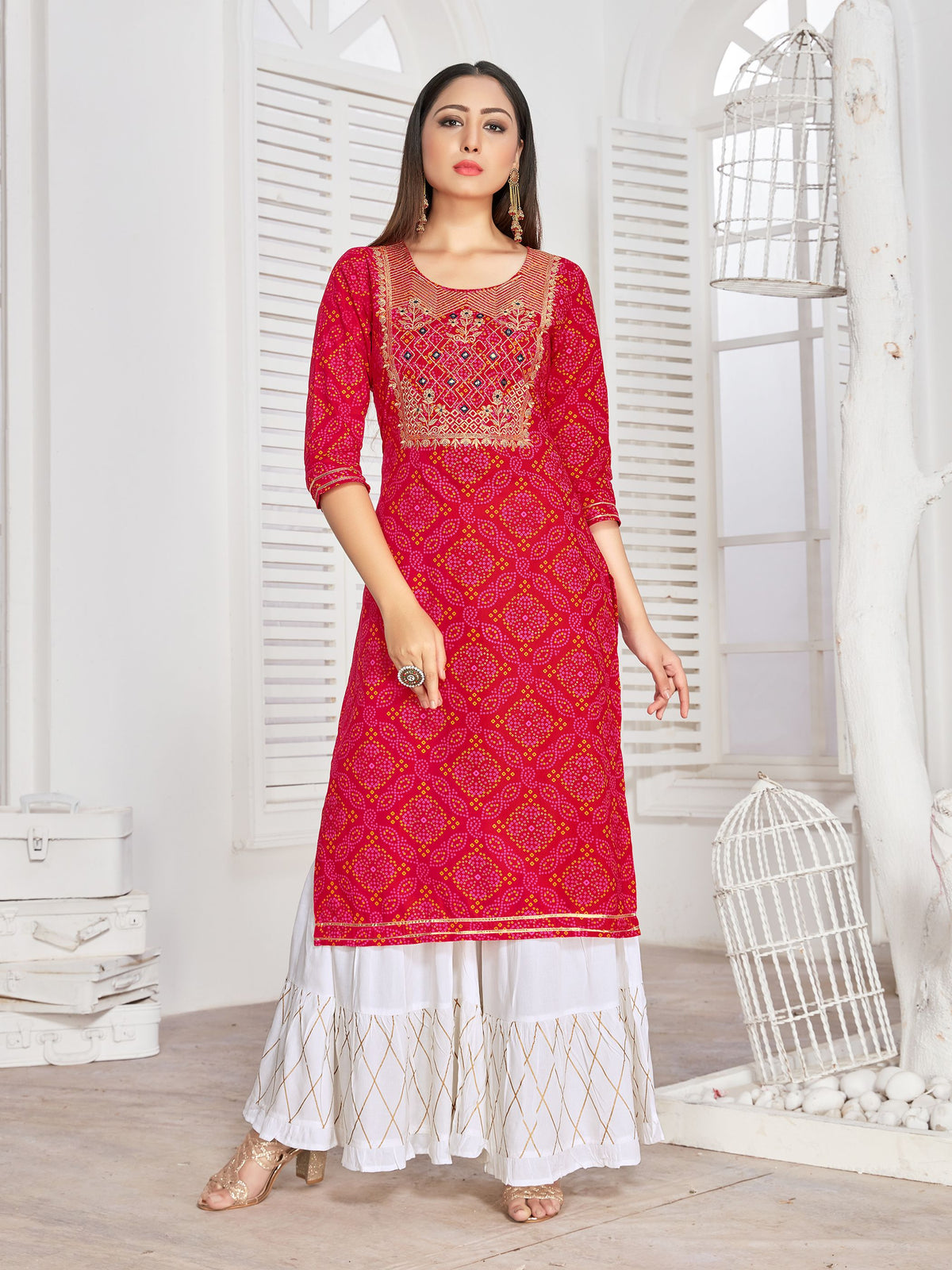 Red Rayon Embroidered Dress