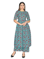 Party Wear Kurti Teal Color Rayon Block Print Dress For Party