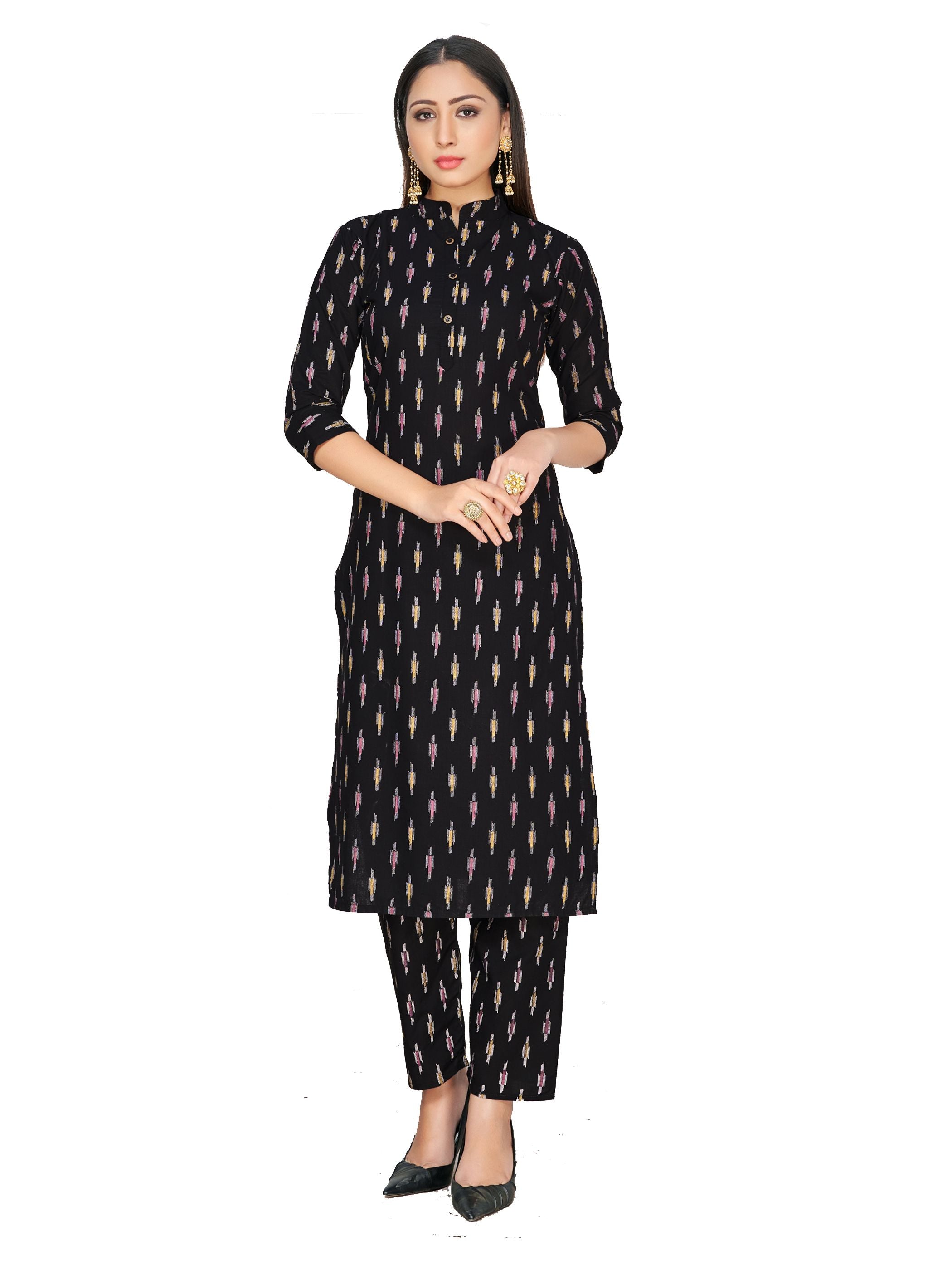 Party Wear Kurti Black Color Rayon Block Print Dress For Party