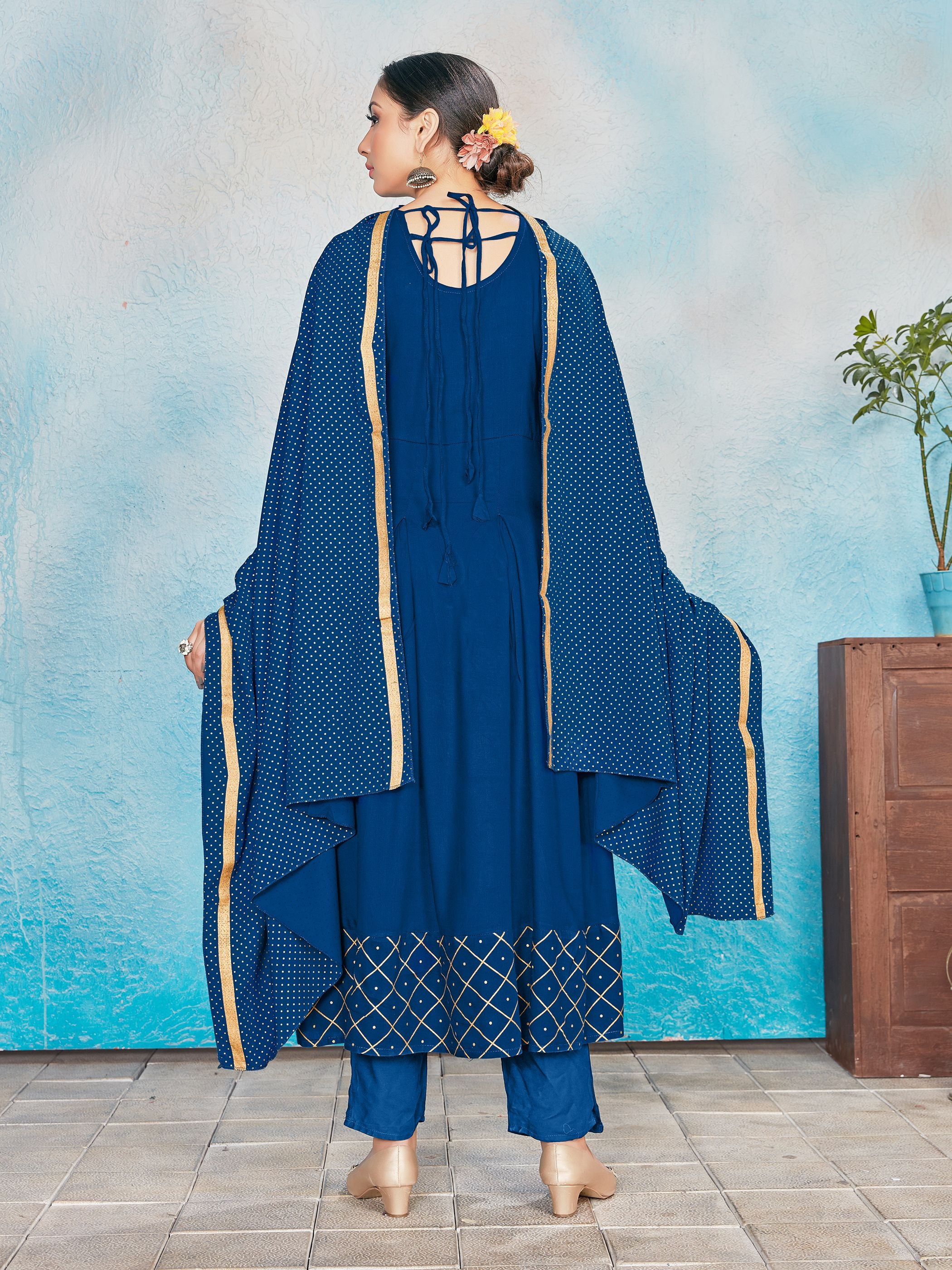 Kurta Set Blue Color Rayon Foil Print Dress For Ceremonial