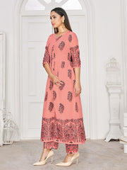 Party Wear Kurti Peach Color Rayon Block Print Dress For Party