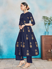 Kurta Set Navy Blue Color Rayon Foil Print Dress For Ceremonial