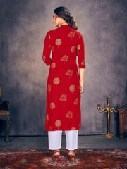 Party Wear Kurti Red Color Rayon Foil Print Dress For Party