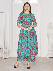 Party Wear Kurti Teal Color Rayon Block Print Dress For Party