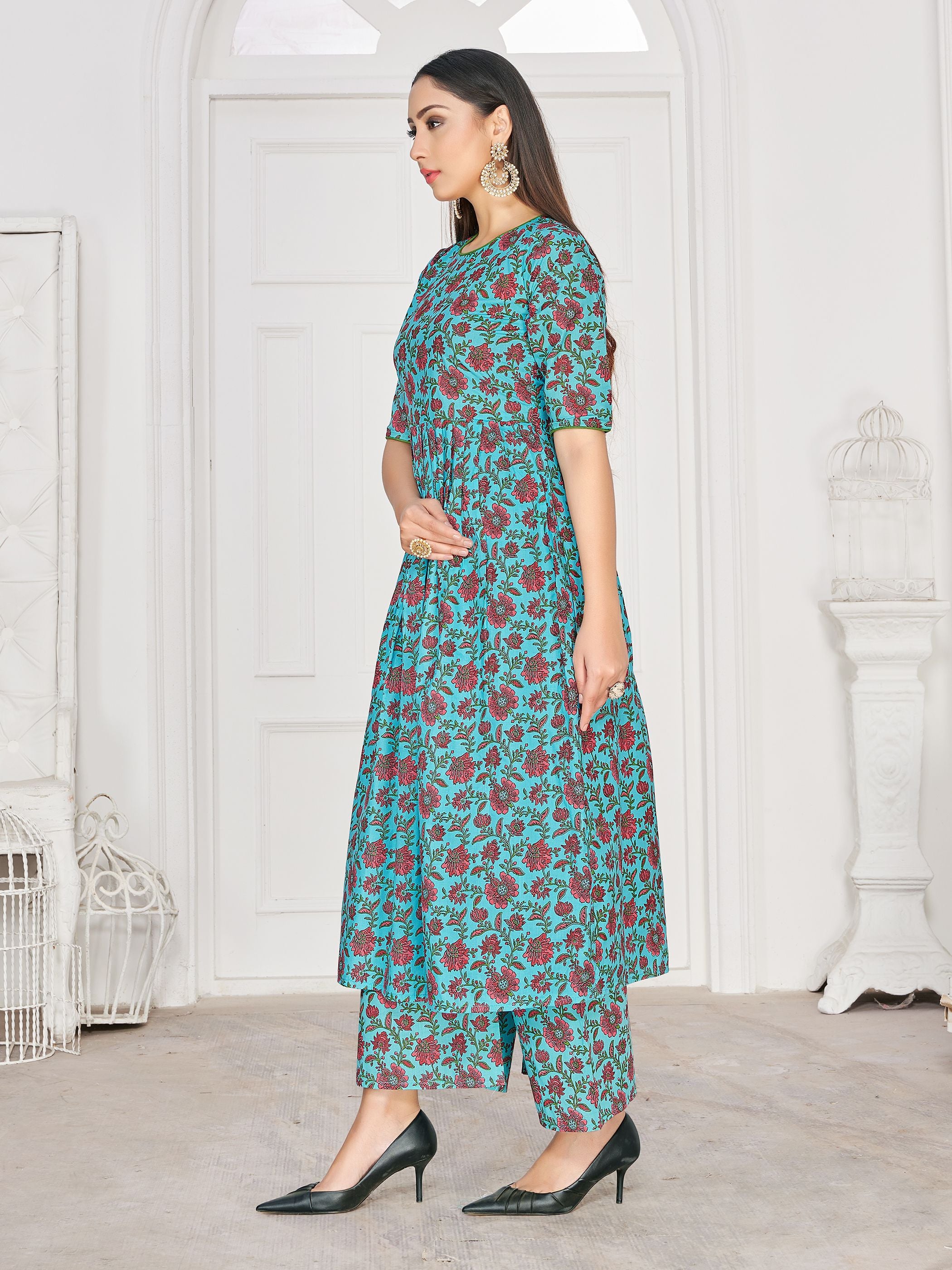 Party Wear Kurti Teal Color Rayon Block Print Dress For Party