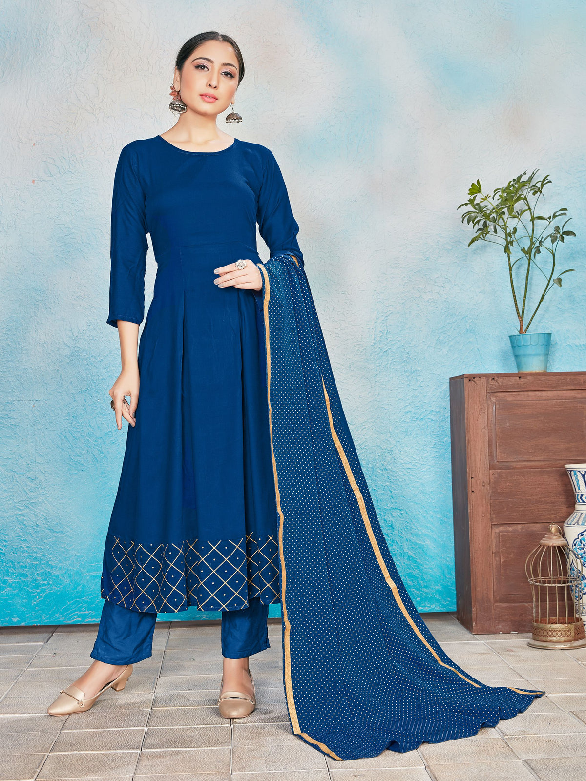 Kurta Set Blue Color Rayon Foil Print Dress For Ceremonial