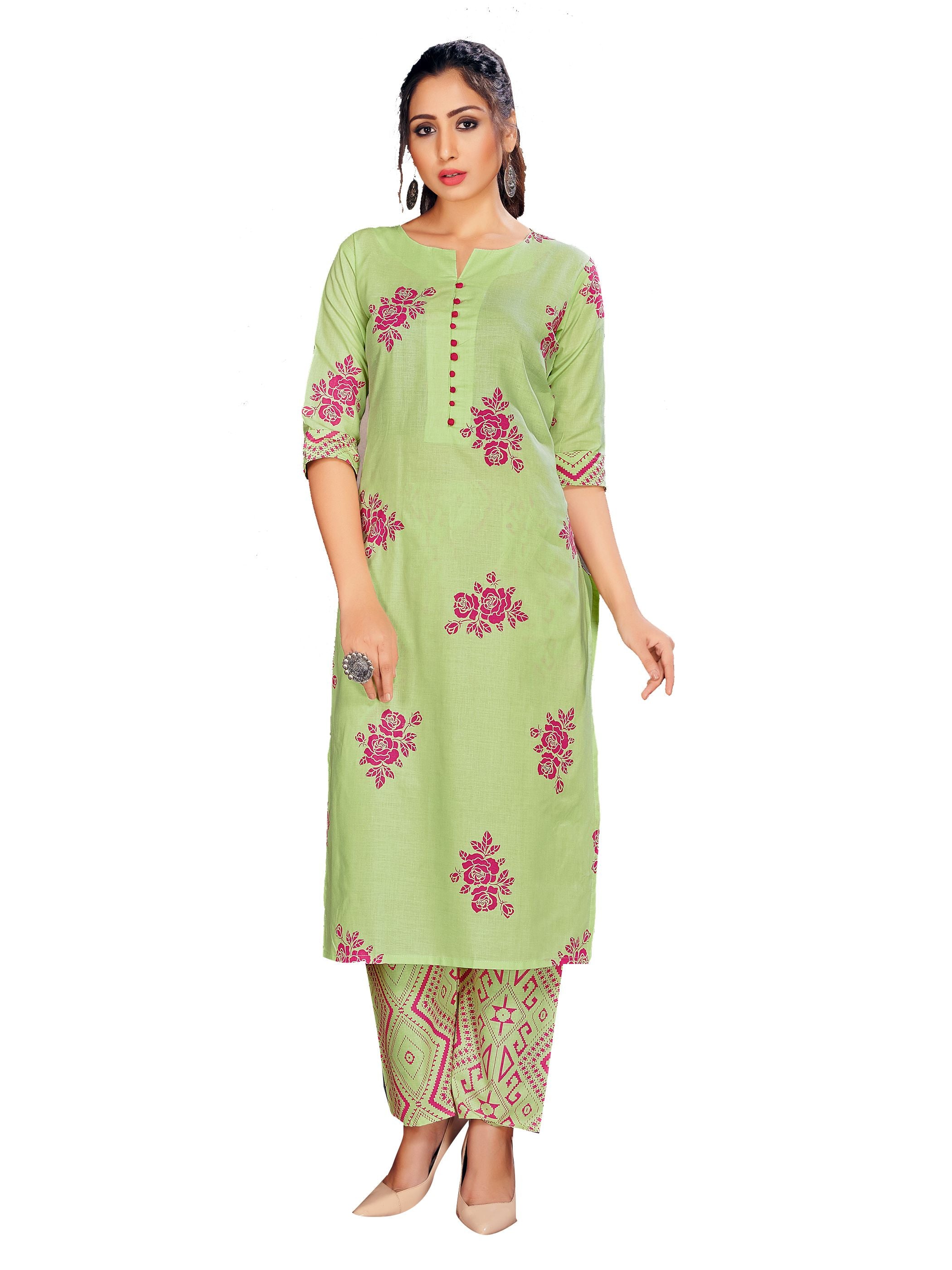 Party Wear Kurti Green Color Rayon Block Print Dress For Party