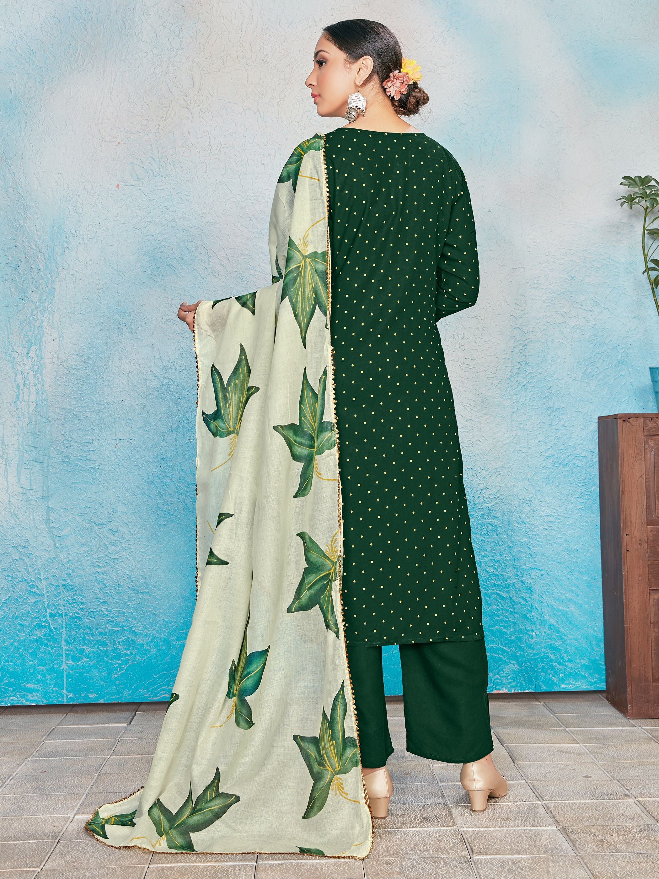 Kurta Set Green Color Rayon Foil Print Dress For Ceremonial