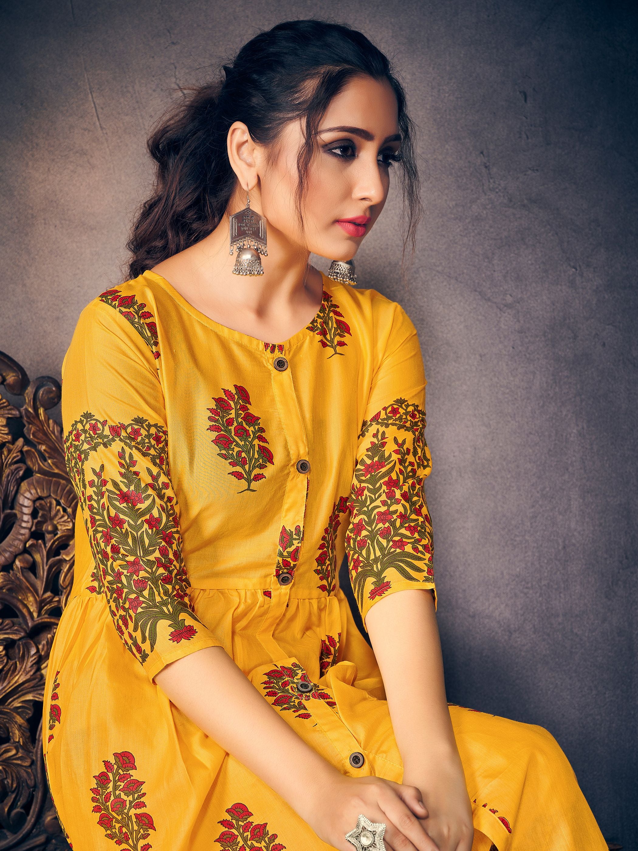 Party Wear Kurti Yellow Color Rayon Block Print Dress For Party