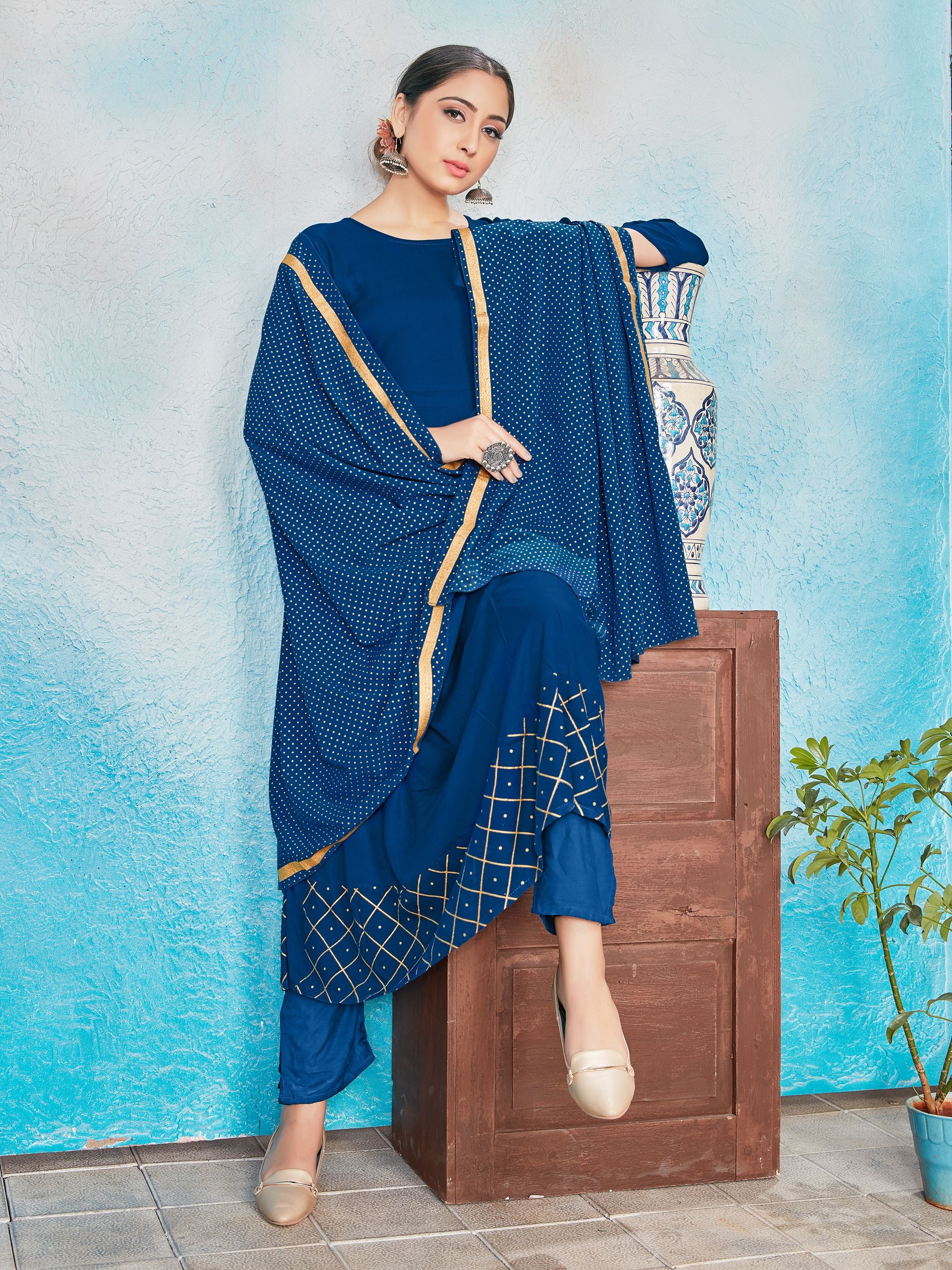 Kurta Set Blue Color Rayon Foil Print Dress For Ceremonial