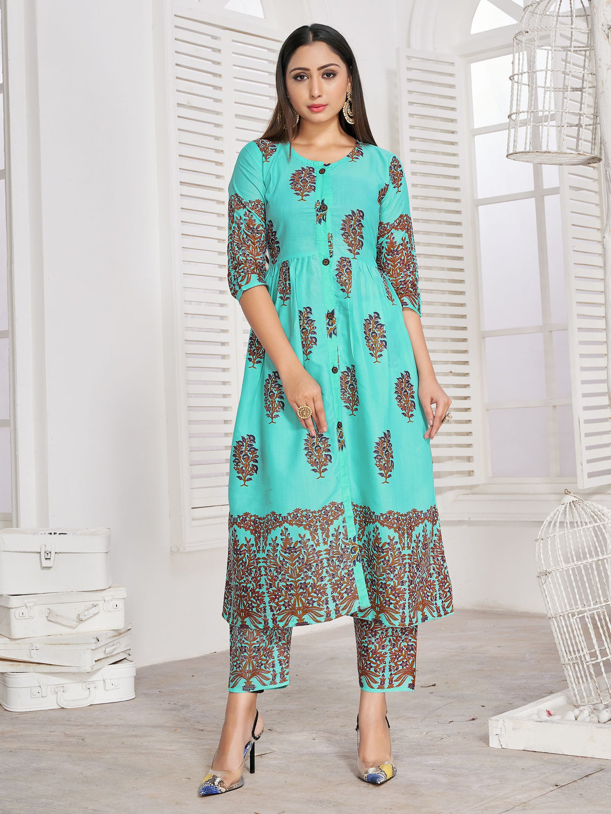 Party Wear Kurti Turquoise Color Rayon Block Print Dress For Party