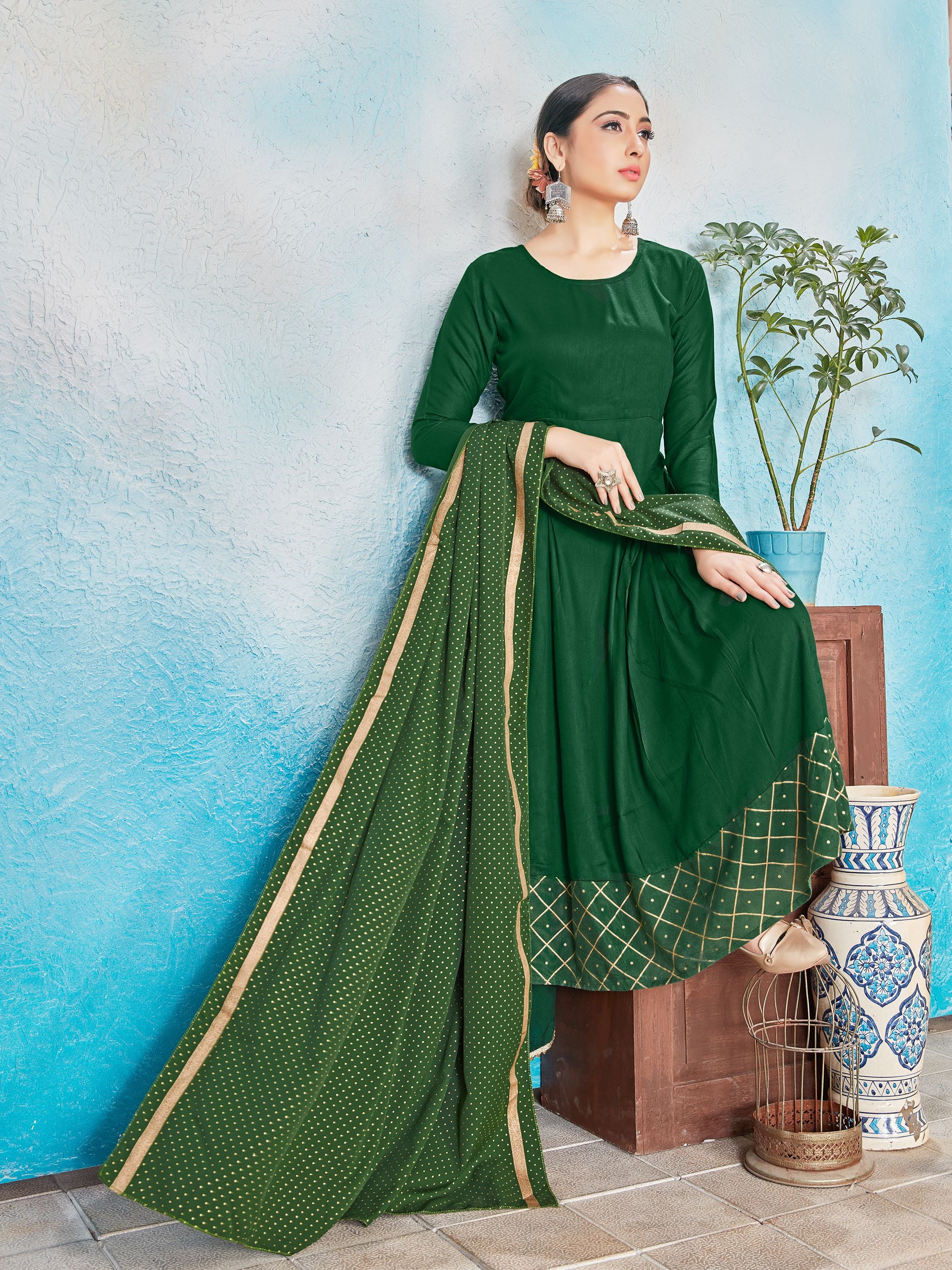 Kurta Set Green Color Rayon Foil Print Dress For Ceremonial