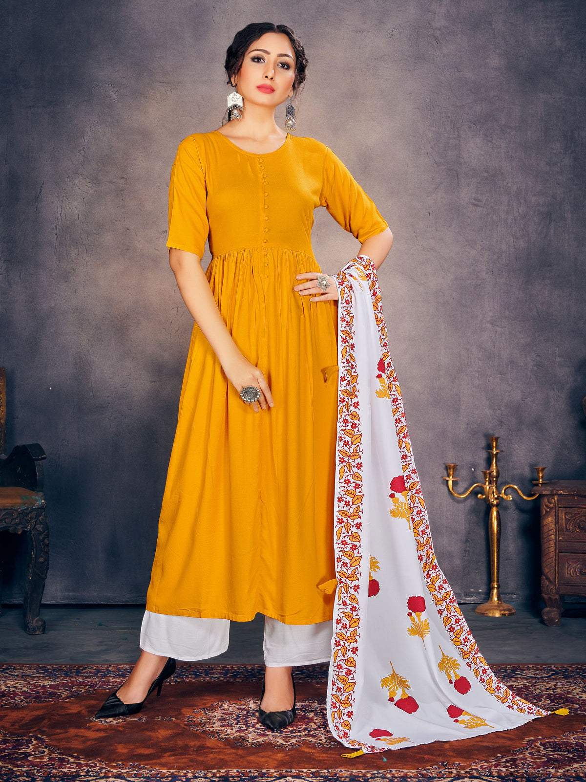 Party Wear Kurti Yellow Color Rayon Solid Dress For Party