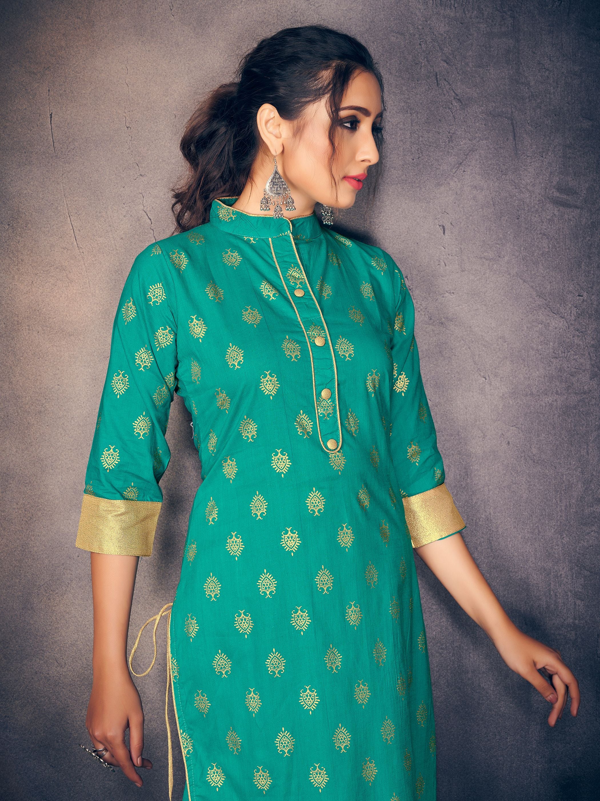 Party Wear Kurti Teal Color Rayon Foil Print Dress For Party