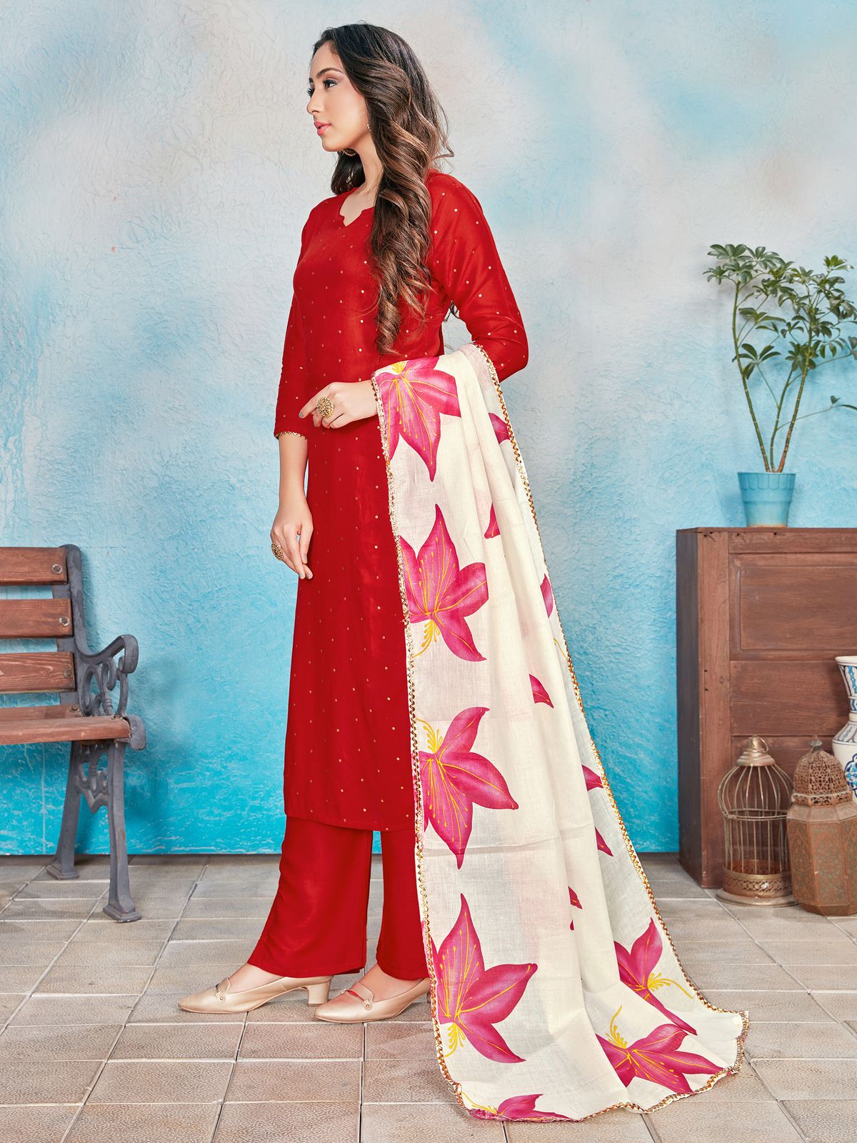 Kurta Set Red Color Rayon Foil Print Dress For Ceremonial