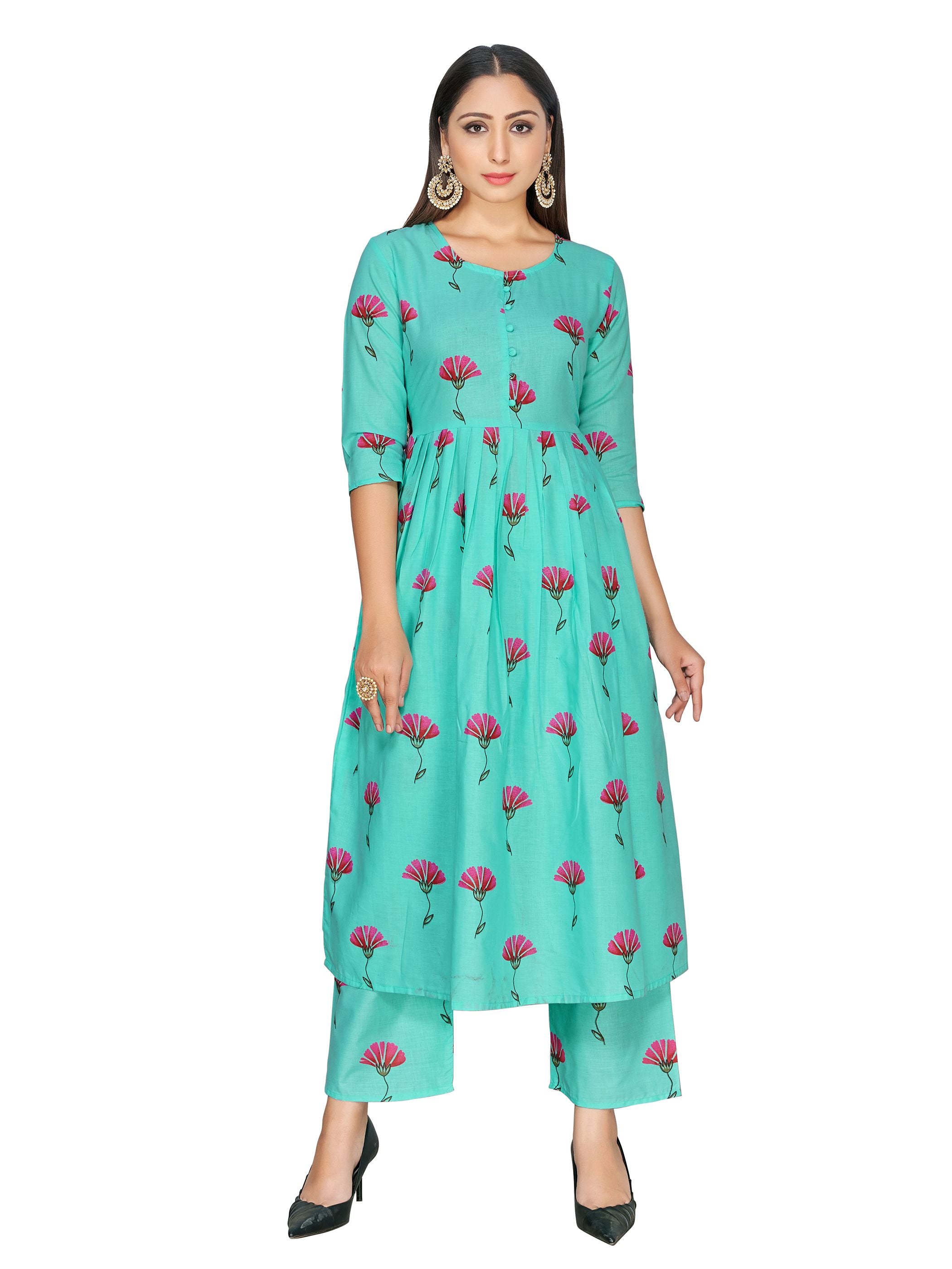 Party Wear Kurti Sky Blue Color Rayon Block Print Dress For Party