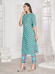 Party Wear Kurti Turquoise Color Rayon Block Print Dress For Party