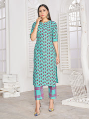 Party Wear Kurti Turquoise Color Rayon Block Print Dress For Party