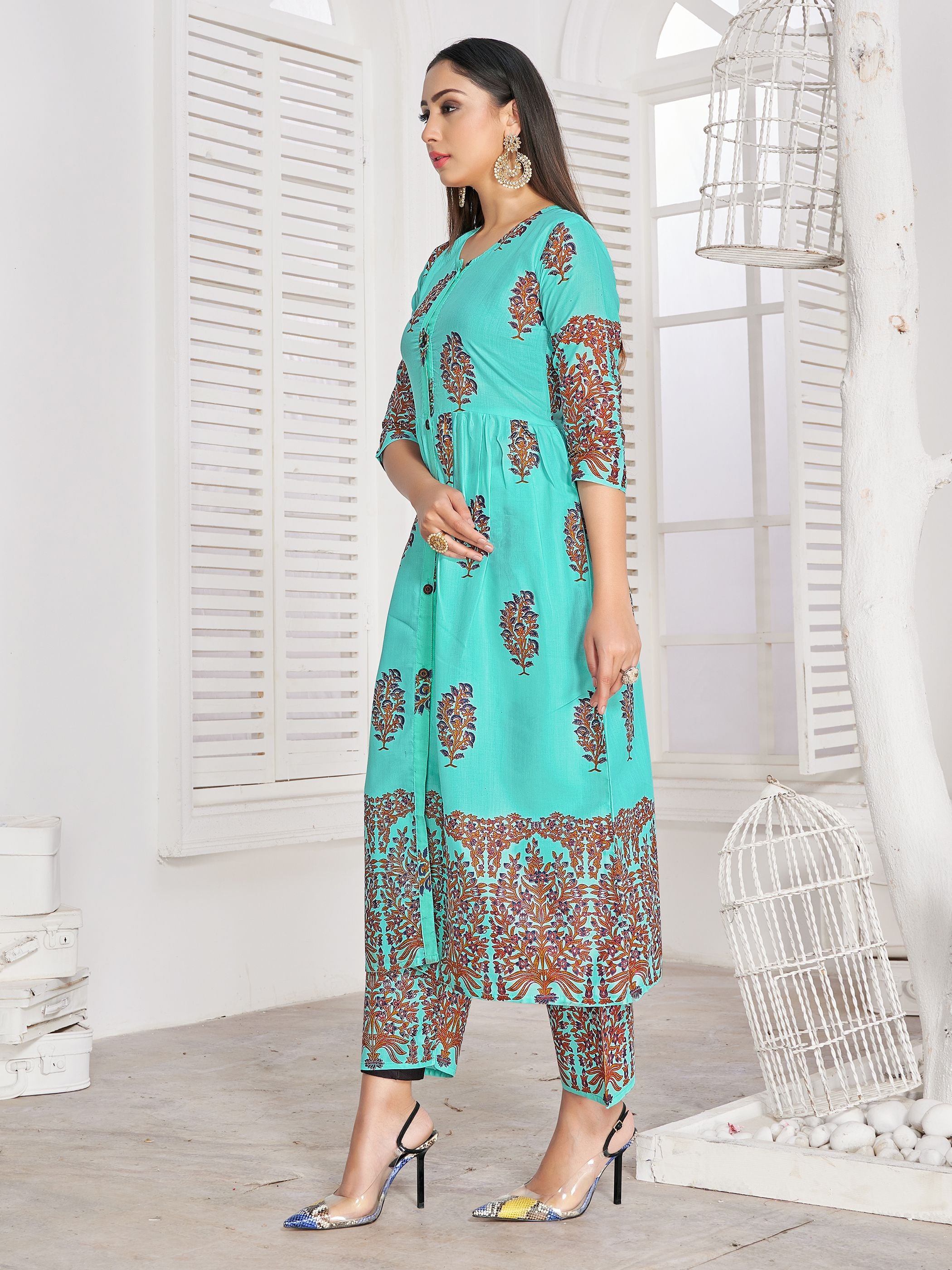 Party Wear Kurti Turquoise Color Rayon Block Print Dress For Party