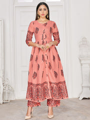 Party Wear Kurti Peach Color Rayon Block Print Dress For Party