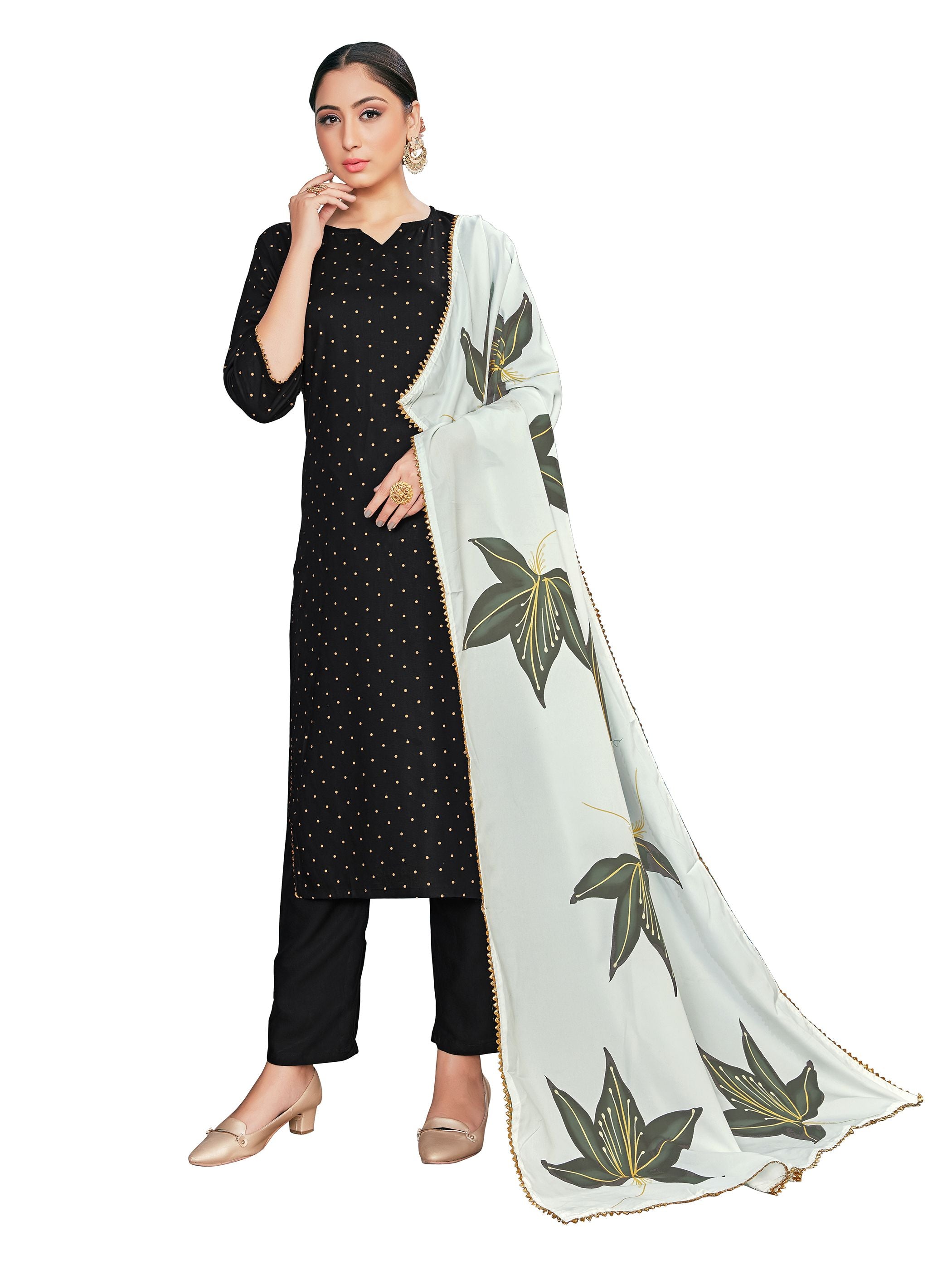 Kurta Set Black Color Rayon Foil Print Dress For Ceremonial