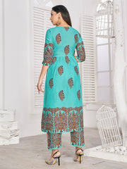 Party Wear Kurti Turquoise Color Rayon Block Print Dress For Party