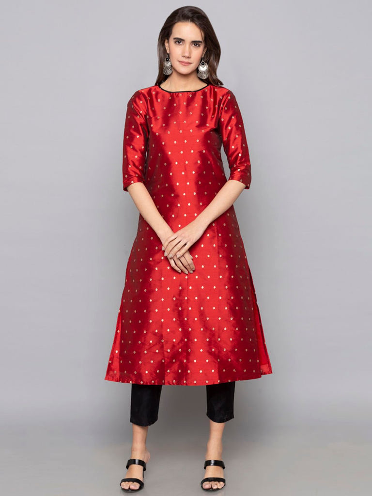 Designer Kurtis Red Color Art Silk Woven Dress For  Diwali