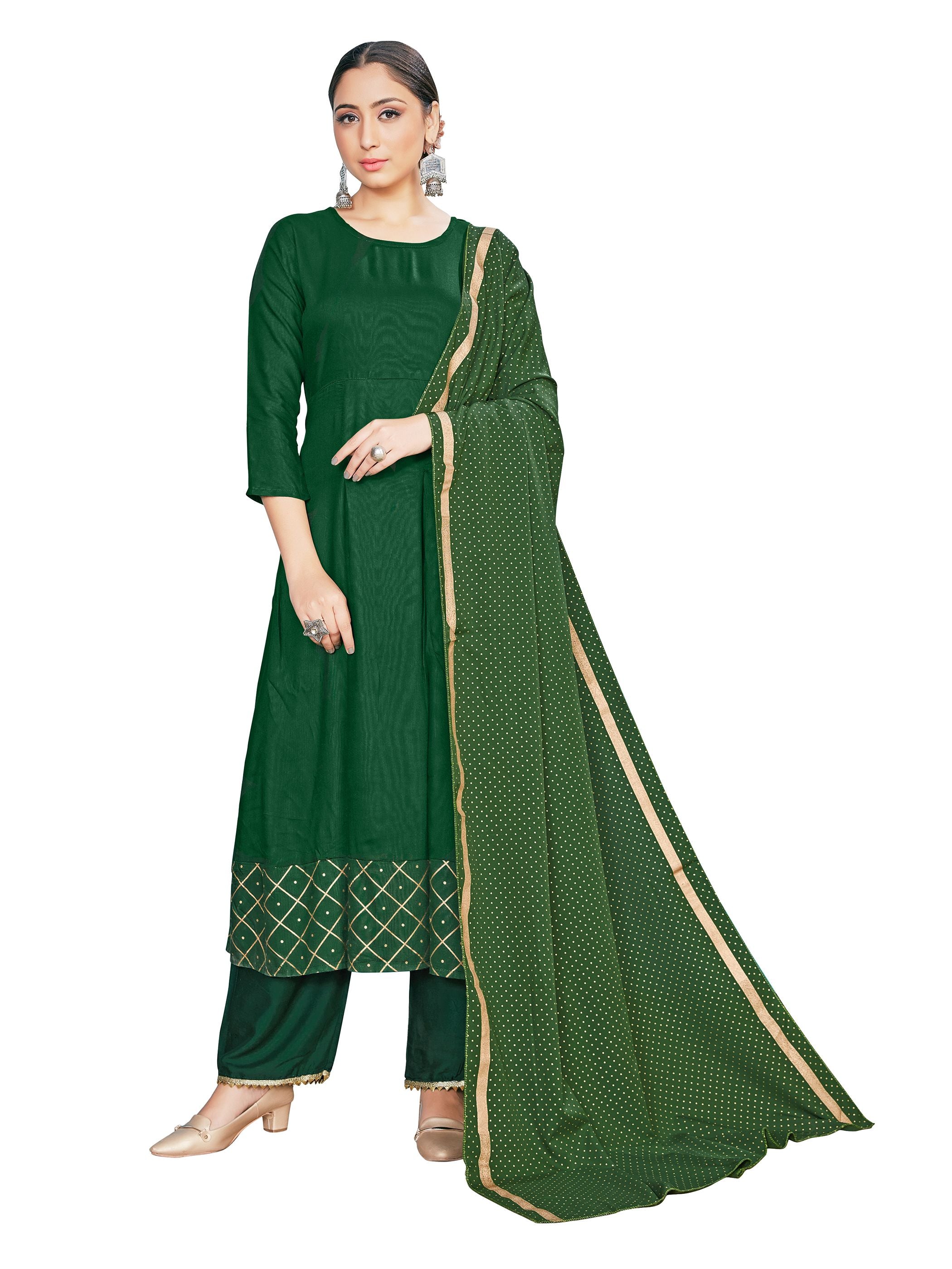 Kurta Set Green Color Rayon Foil Print Dress For Ceremonial