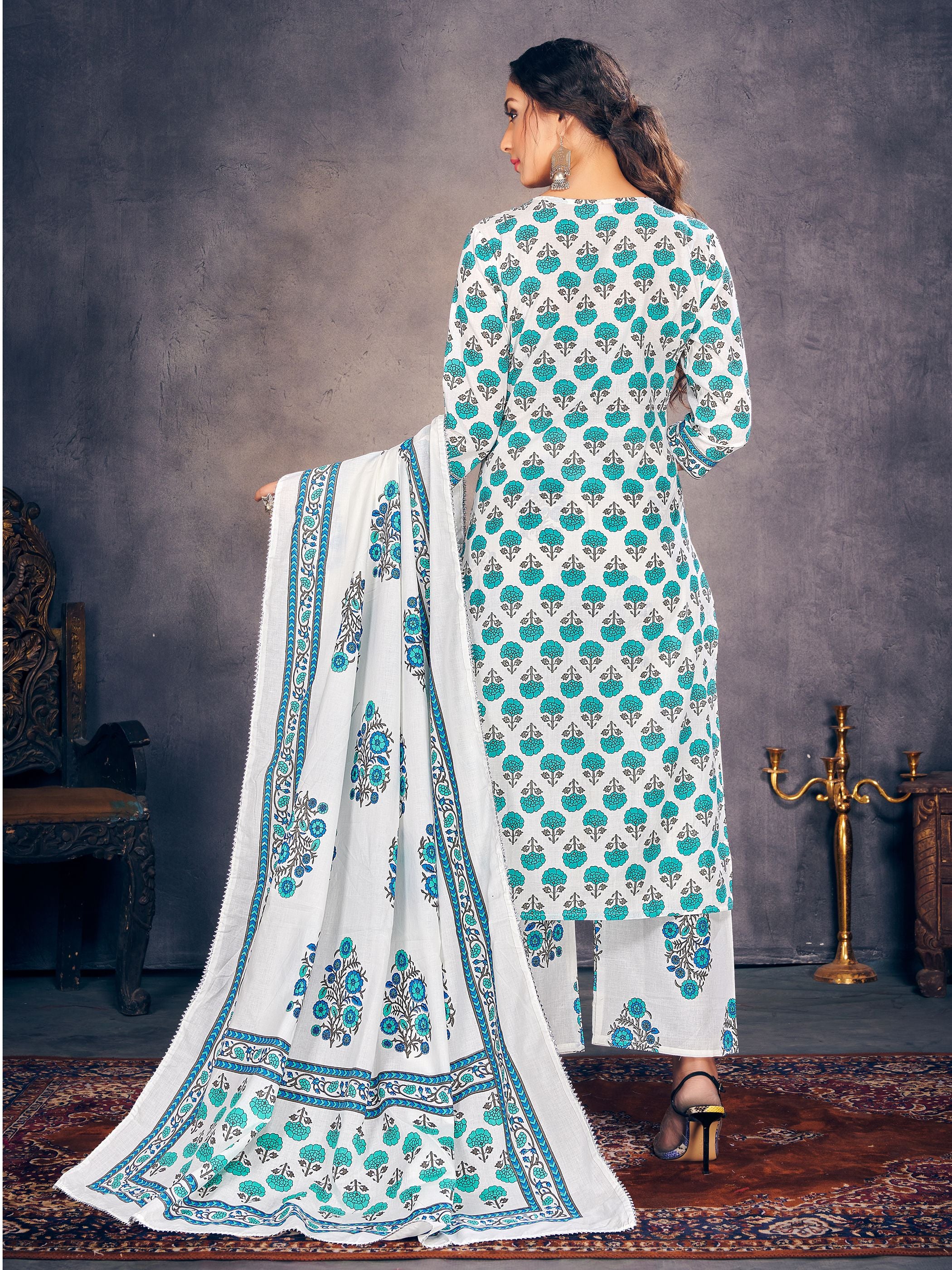 Party Wear Kurti White Color Cotton Block Print Dress For Party