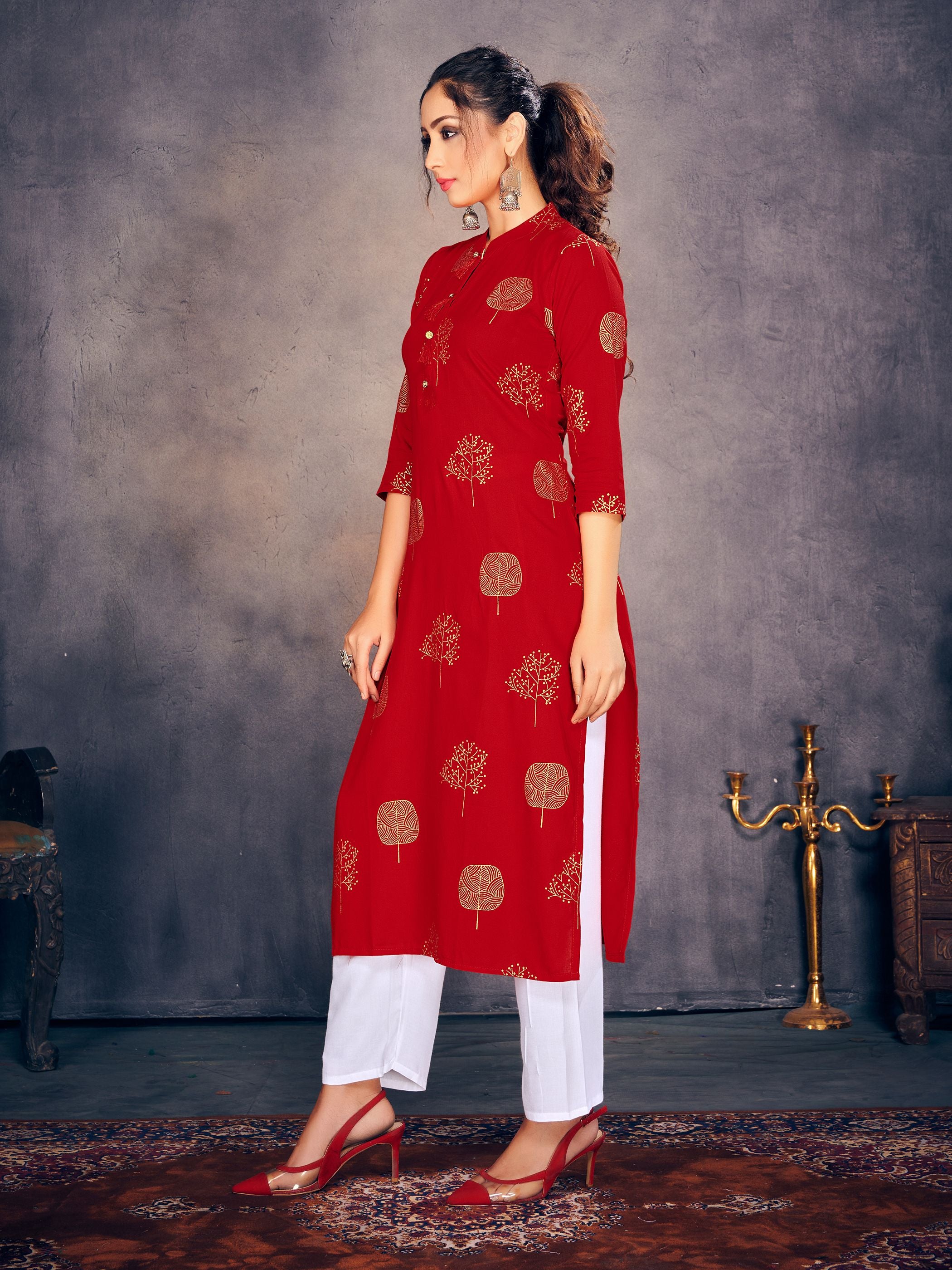 Party Wear Kurti Red Color Rayon Foil Print Dress For Party