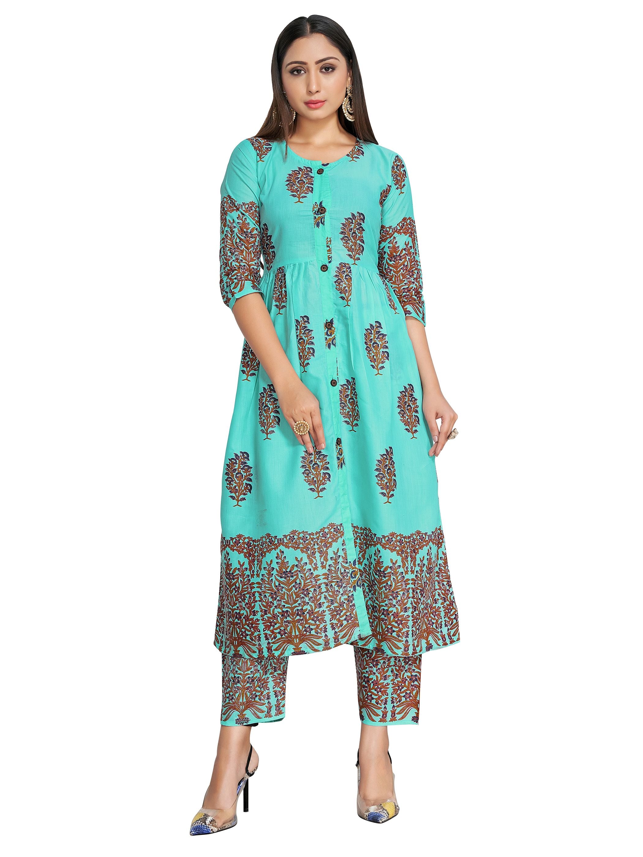 Party Wear Kurti Turquoise Color Rayon Block Print Dress For Party