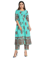 Party Wear Kurti Turquoise Color Rayon Block Print Dress For Party