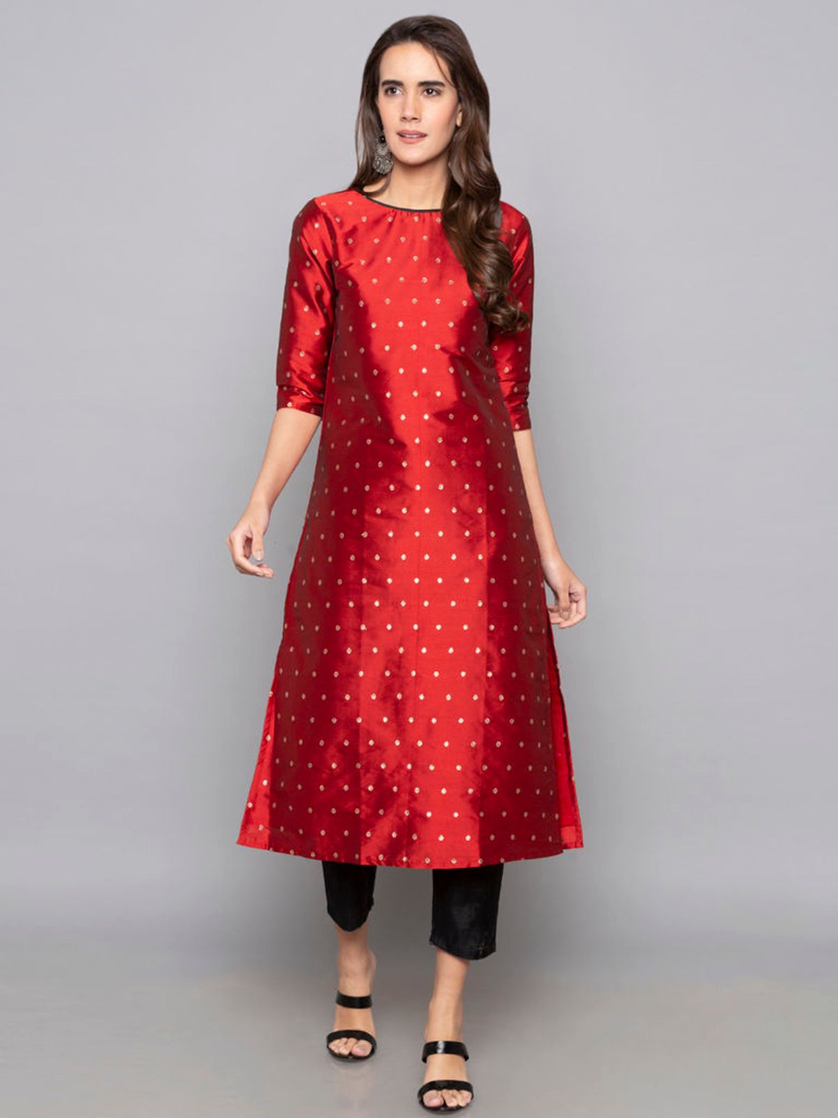 Designer Kurtis Red Color Art Silk Woven Dress For  Diwali