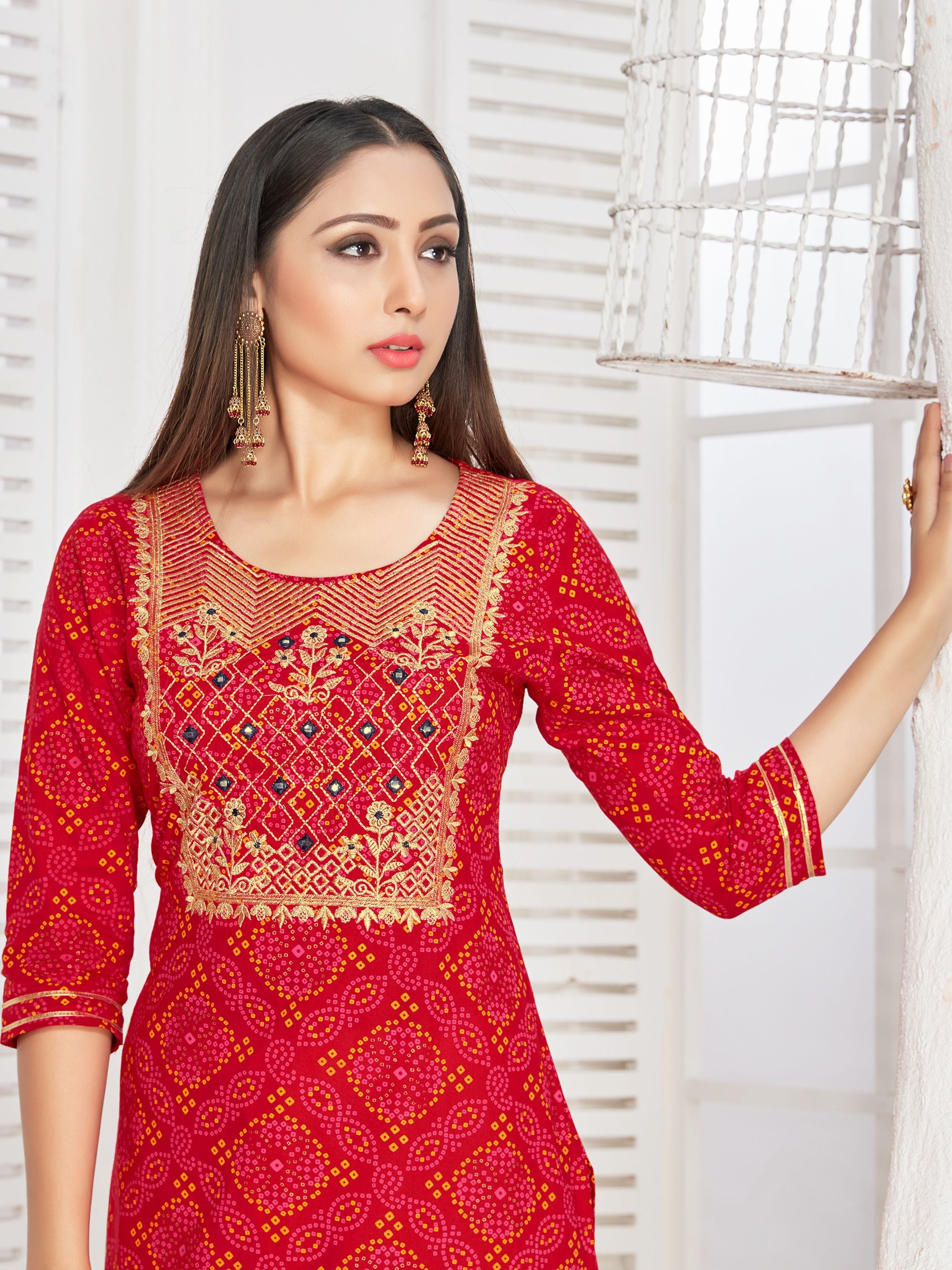 Red Rayon Embroidered Dress