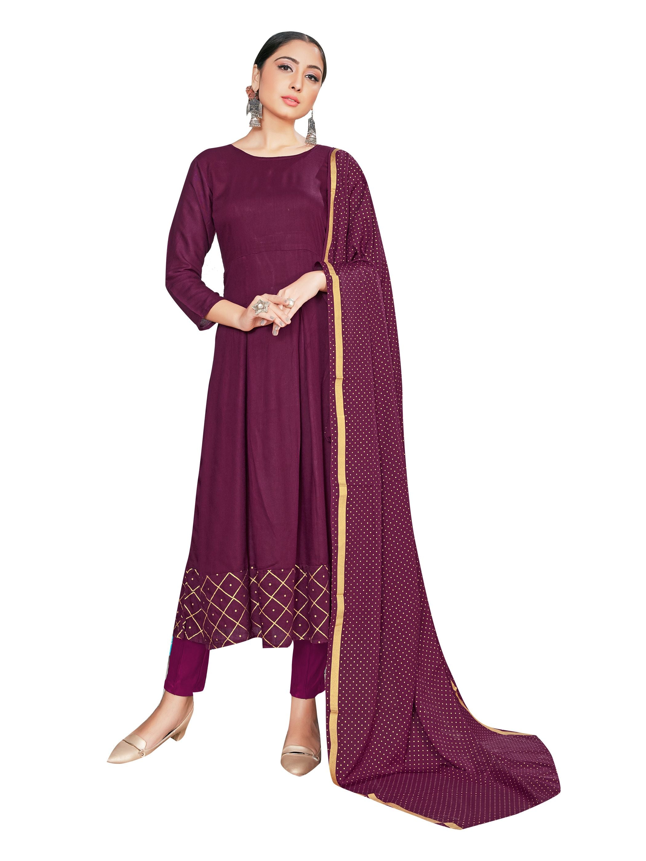 Kurta Set Magenta Color Rayon Foil Print Dress For Ceremonial