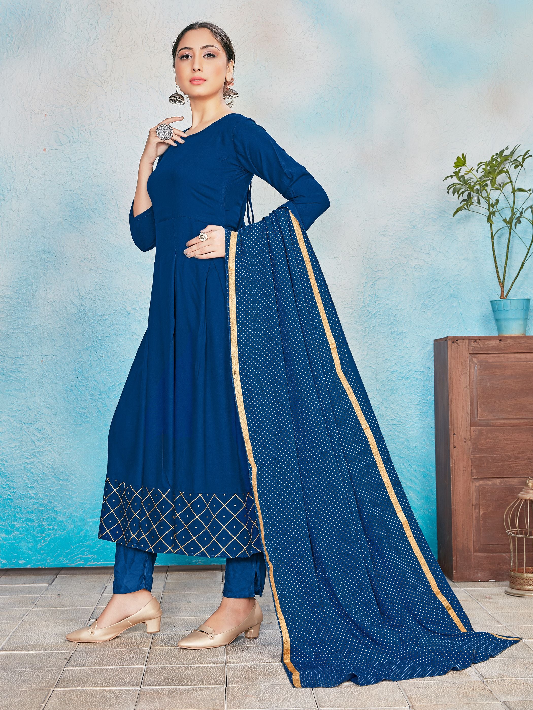 Kurta Set Blue Color Rayon Foil Print Dress For Ceremonial