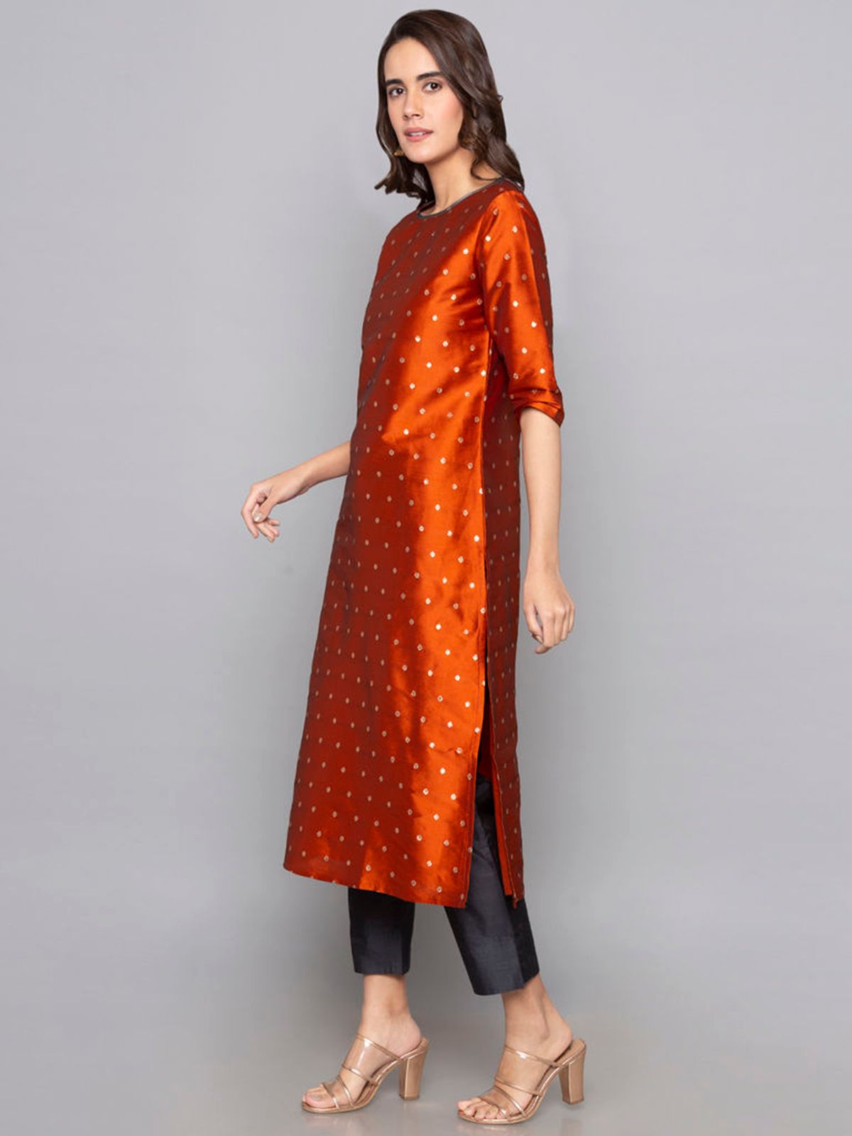 Designer Kurtis Rust Color Art Silk Woven Dress For  Diwali