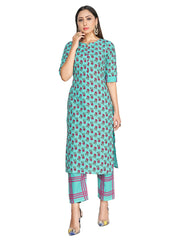 Party Wear Kurti Turquoise Color Rayon Block Print Dress For Party