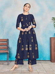 Kurta Set Navy Blue Color Rayon Foil Print Dress For Ceremonial