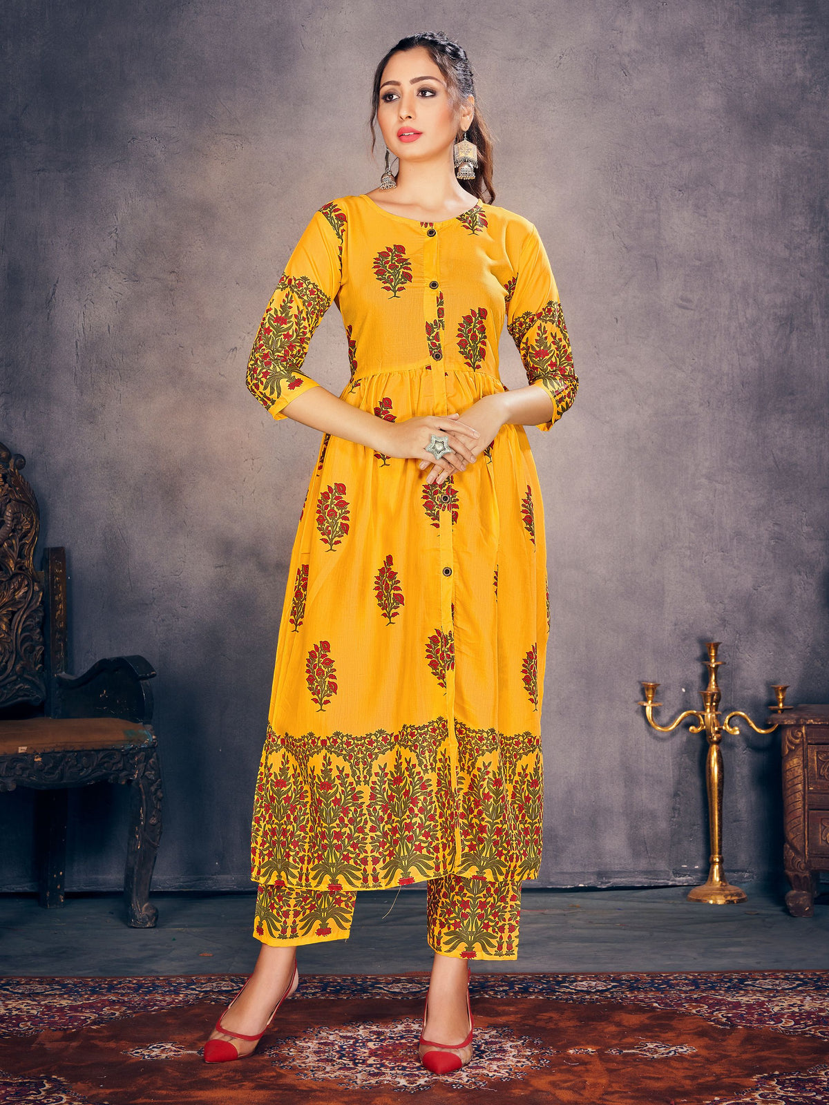 Party Wear Kurti Yellow Color Rayon Block Print Dress For Party