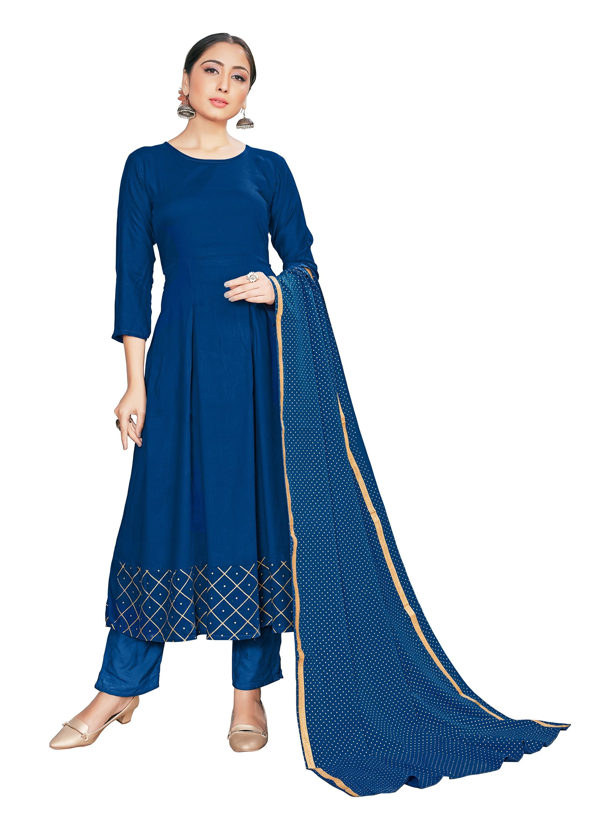 Kurta Set Blue Color Rayon Foil Print Dress For Ceremonial